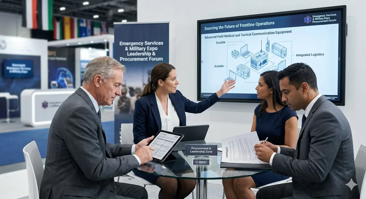 Procurement officer and supplier discussing frontline equipment solutions at expo
