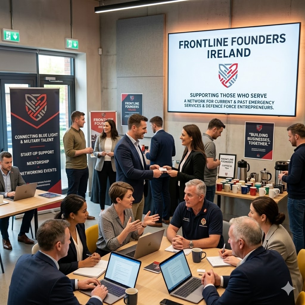 Frontline founders — business owners from emergency services and military backgrounds connecting at a professional networking event