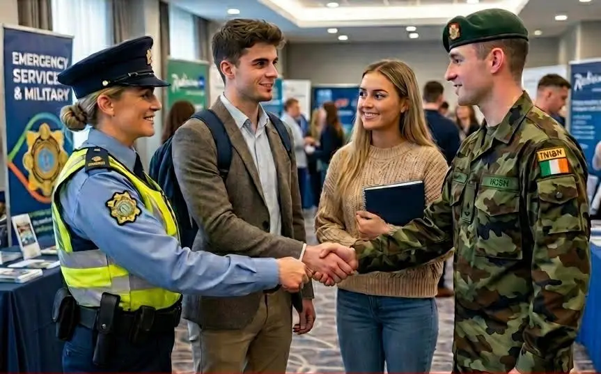 Young professionals at a career fair exploring service opportunities